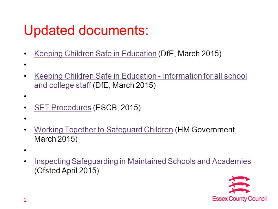 Updated documents: Keeping Children Safe in Education (DfE, March 2015)