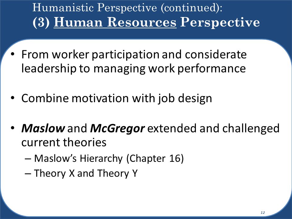 Humanistic Perspective (continued): (3) Human Resources Perspective