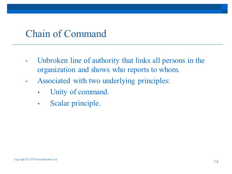 Chain of Command Unbroken line of authority that links all persons in the organization and shows who reports to whom.