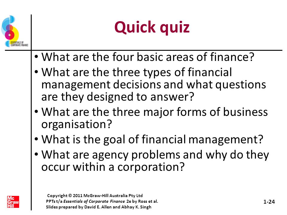 Quick quiz What are the four basic areas of finance