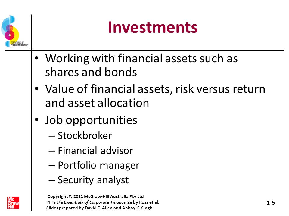 Investments Working with financial assets such as shares and bonds