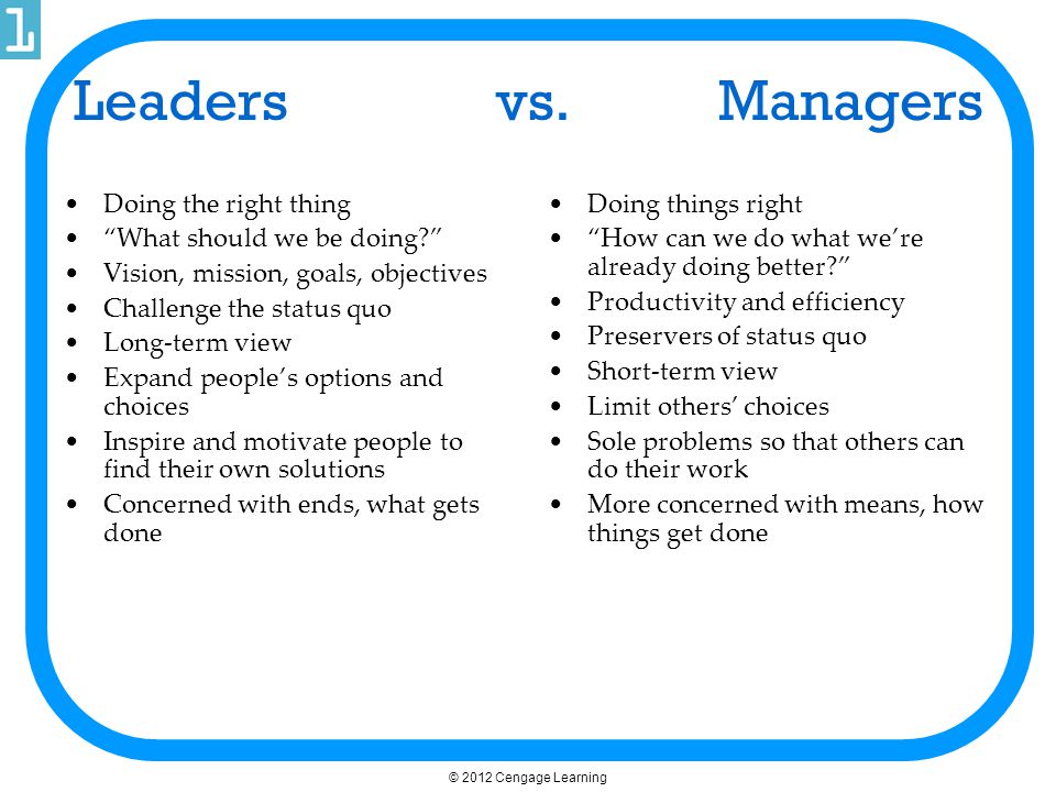 Leaders vs. Managers Doing the right thing What should we be doing