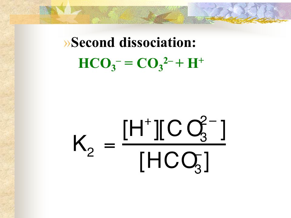 Second dissociation: HCO3– = CO32– + H+