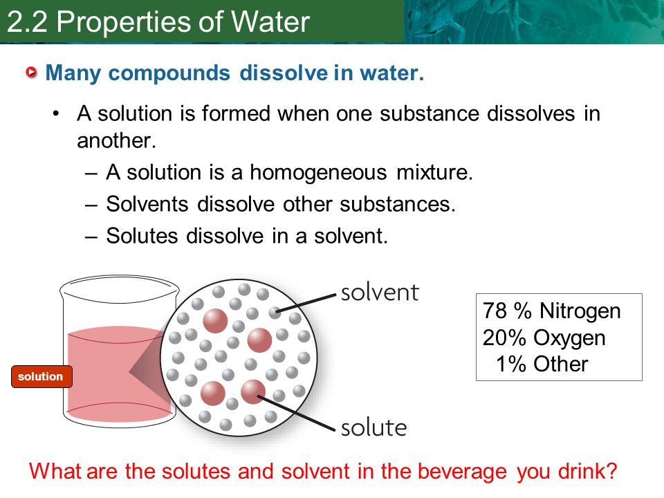 Many compounds dissolve in water.