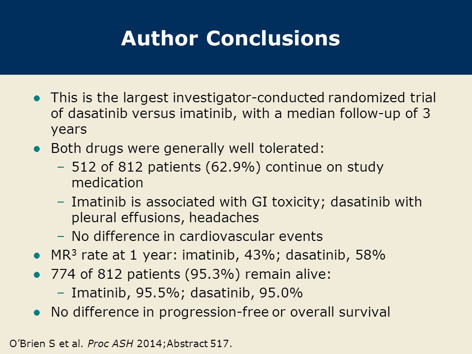 Author Conclusions This is the largest investigator-conducted randomized trial of dasatinib versus imatinib, with a median follow-up of 3 years.