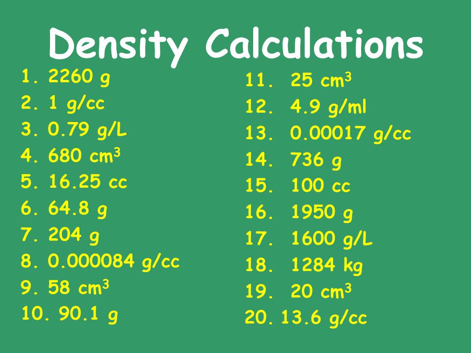 Density Calculations 2260 g 25 cm3 1 g/cc 4.9 g/ml 0.79 g/L
