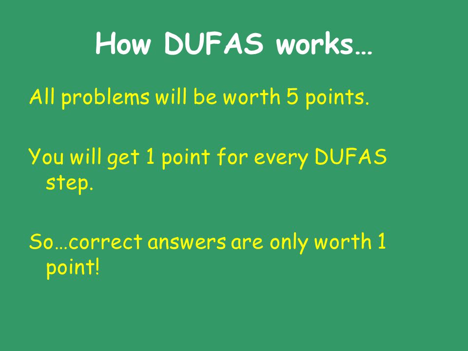 How DUFAS works… All problems will be worth 5 points.