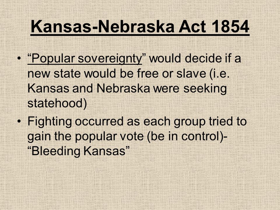 Kansas-Nebraska Act 1854 Popular sovereignty would decide if a new state would be free or slave (i.e. Kansas and Nebraska were seeking statehood)