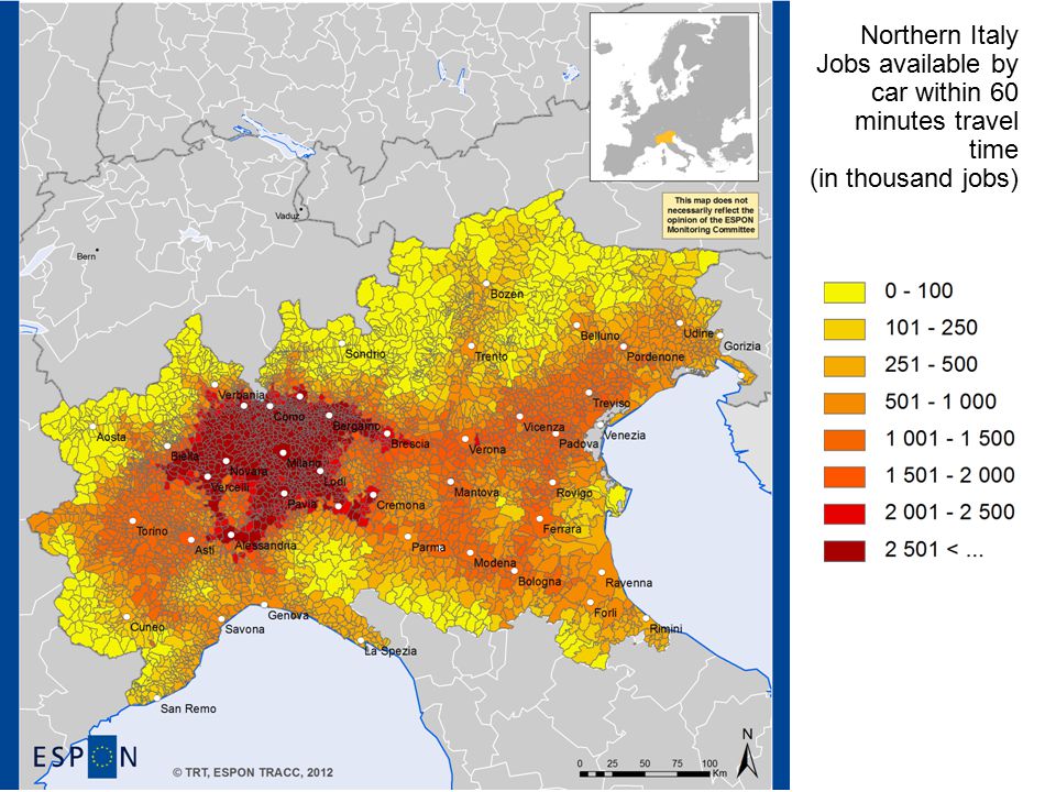 Northern Italy Jobs available by car within 60 minutes travel time (in thousand jobs)