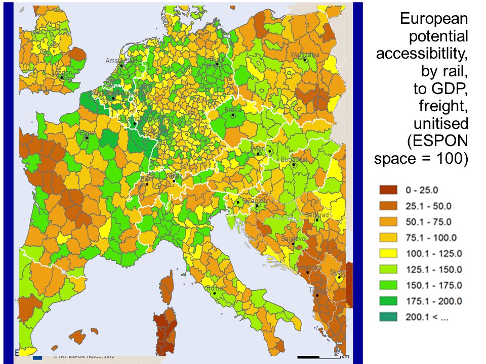 European potential accessibitlity, by rail,