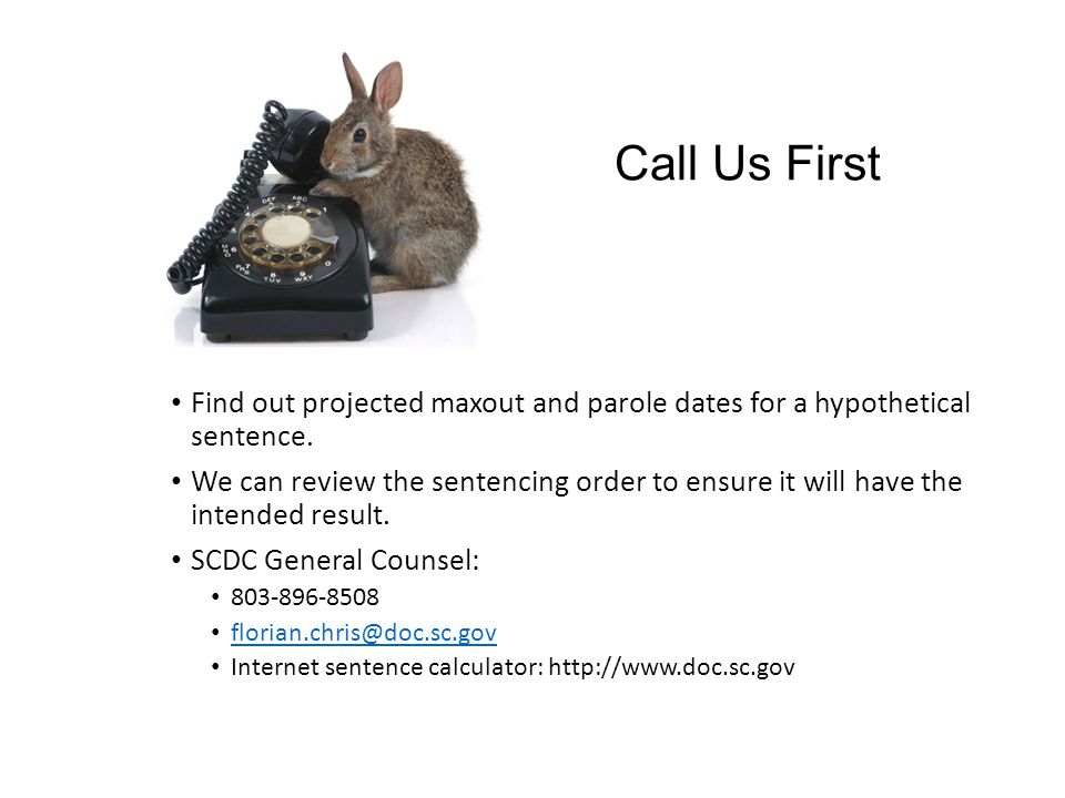 Call Us First Find out projected maxout and parole dates for a hypothetical sentence.