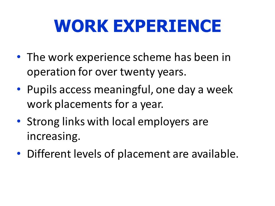 WORK EXPERIENCE The work experience scheme has been in operation for over twenty years.