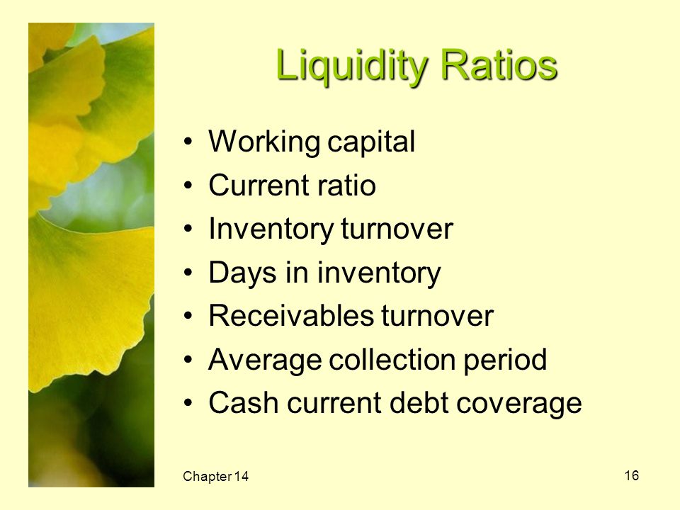 Liquidity Ratios Working capital Current ratio Inventory turnover