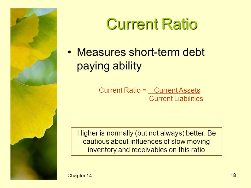 Current Ratio Measures short-term debt paying ability