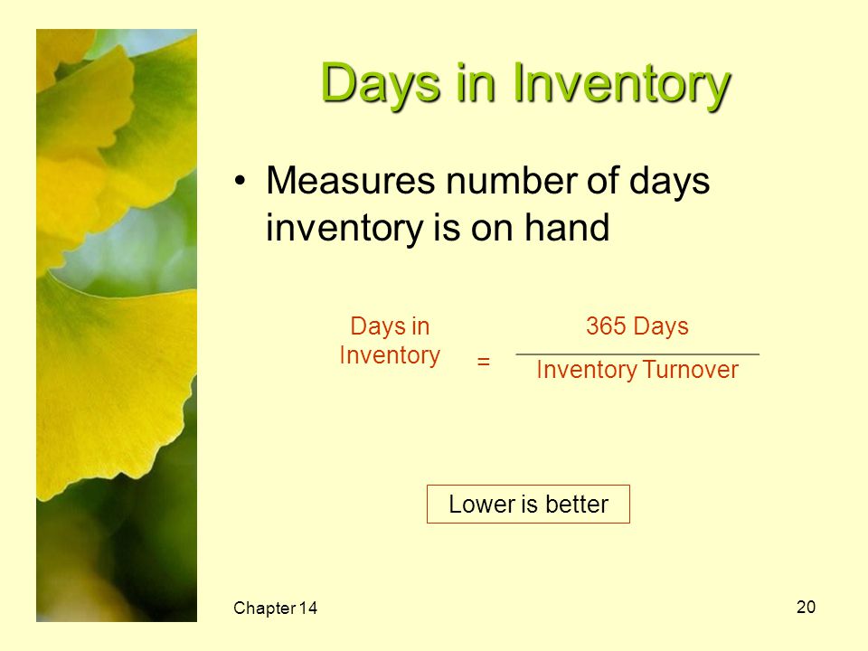Days in Inventory Measures number of days inventory is on hand
