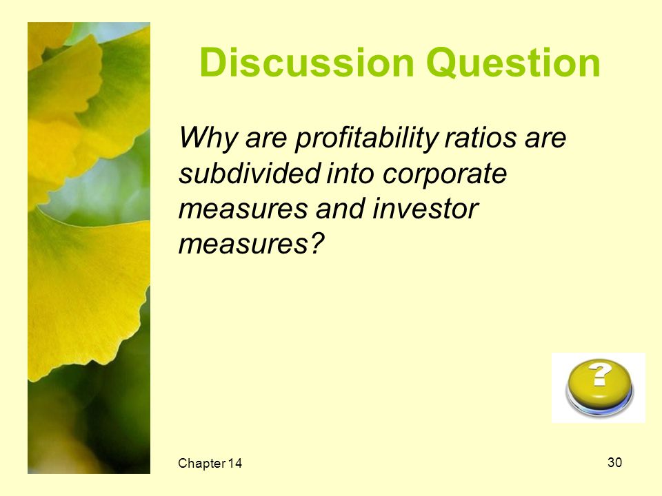 Discussion Question Why are profitability ratios are subdivided into corporate measures and investor measures