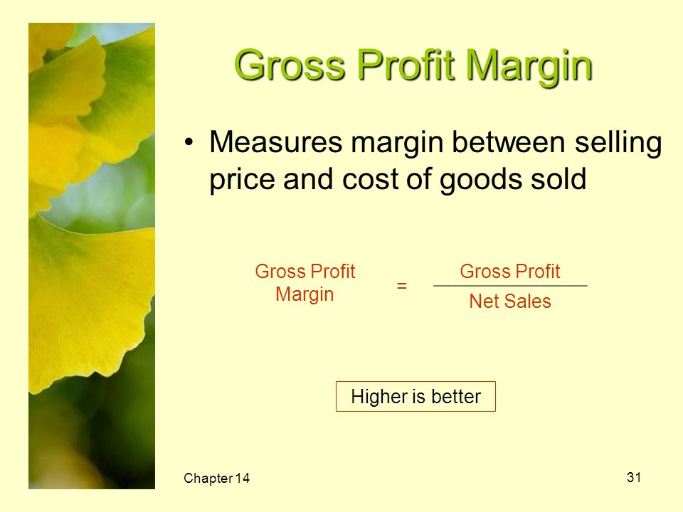 Gross Profit Margin Measures margin between selling price and cost of goods sold. Gross Profit Margin.
