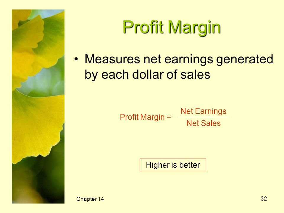 Profit Margin Measures net earnings generated by each dollar of sales