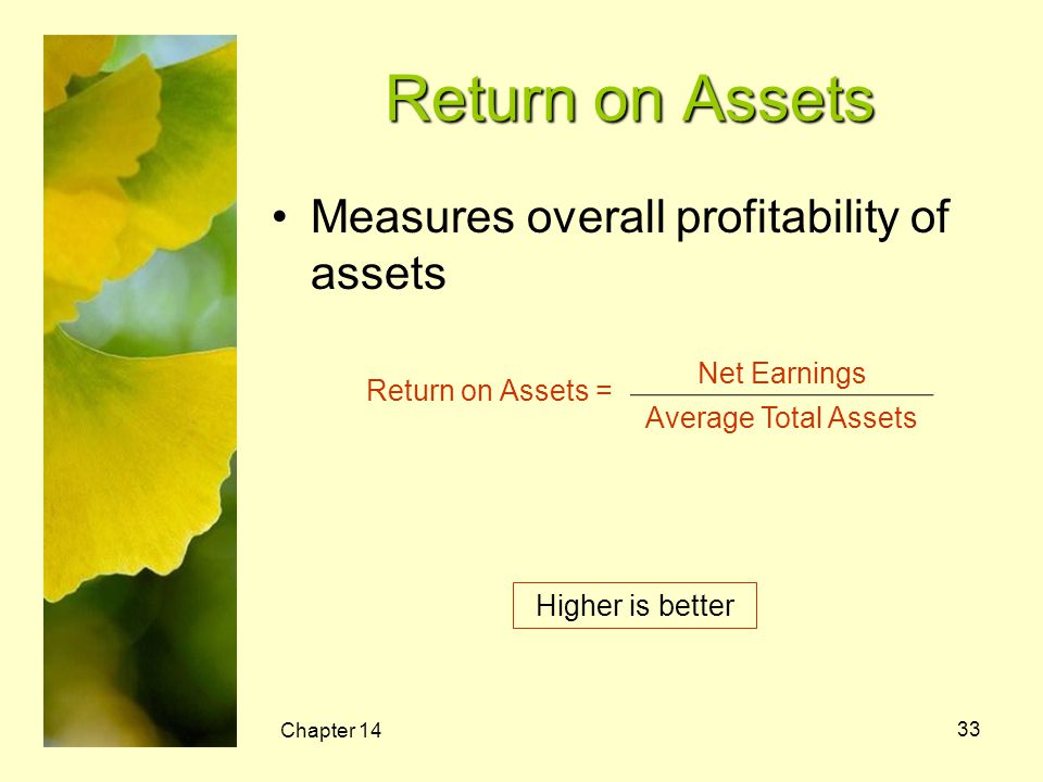 Return on Assets Measures overall profitability of assets Net Earnings