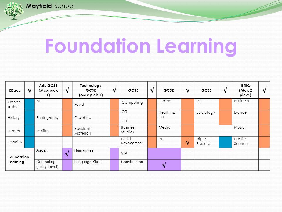 Foundation Learning √ EBacc Arts GCSE (Max pick 1) Technology GCSE