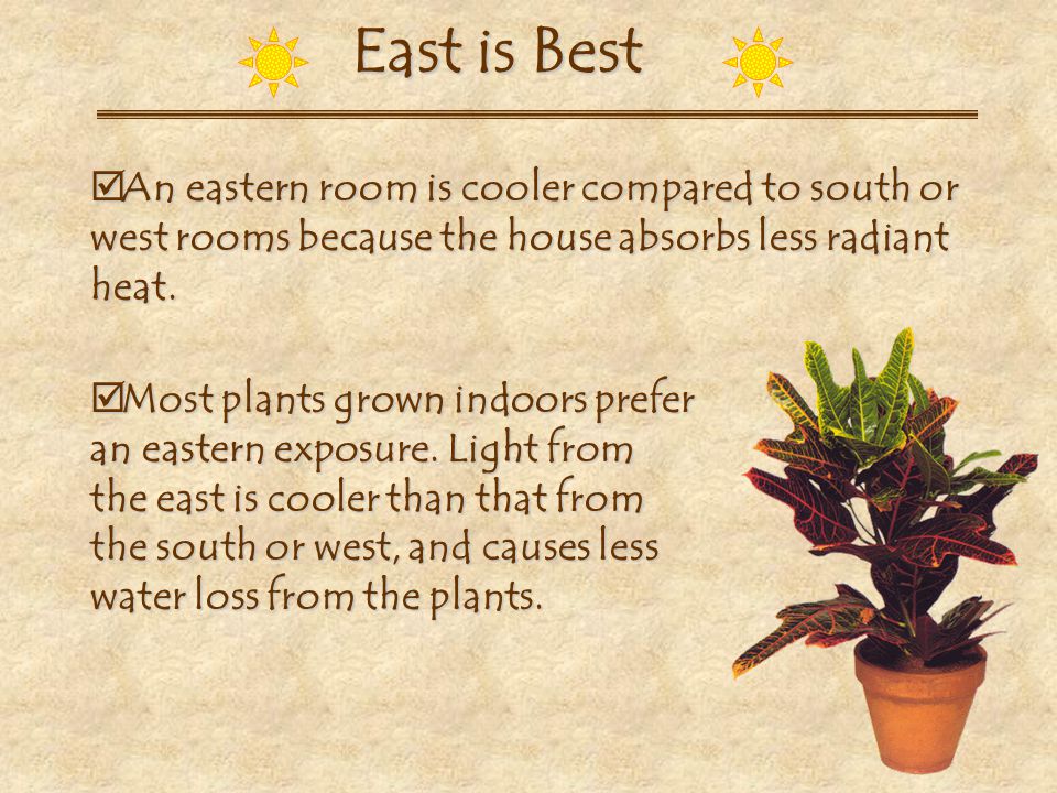East is Best An eastern room is cooler compared to south or west rooms because the house absorbs less radiant heat.