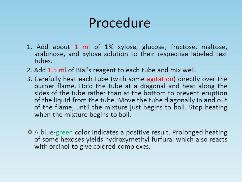 Procedure 1. Add about 1 ml of 1% xylose, glucose, fructose, maltose, arabinose, and xylose solution to their respective labeled test tubes.