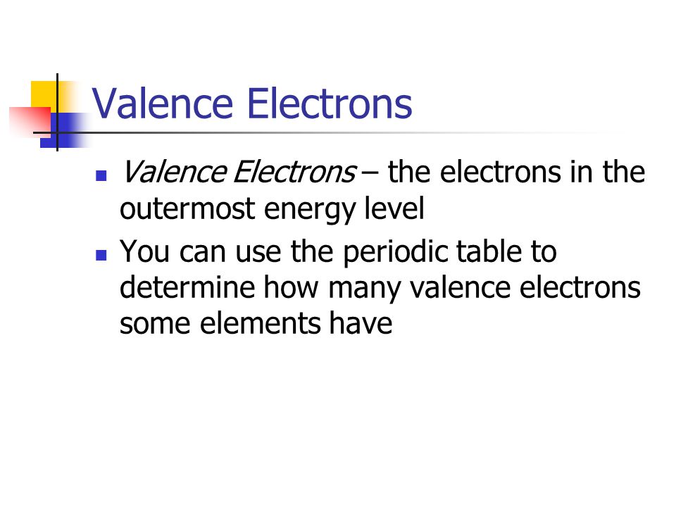 Valence Electrons Valence Electrons – the electrons in the outermost energy level.