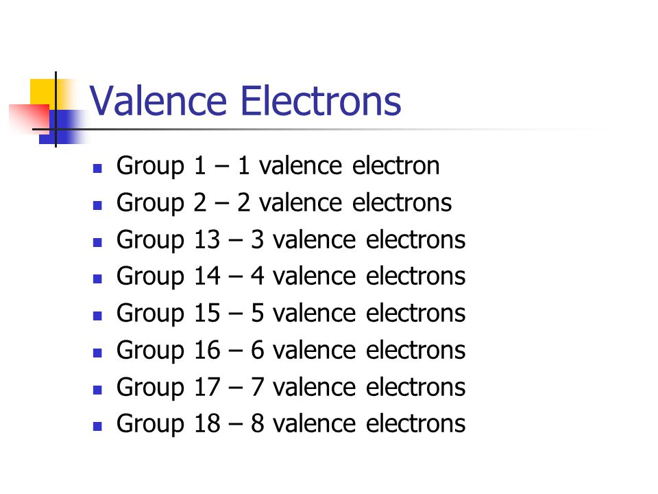 Valence Electrons Group 1 – 1 valence electron