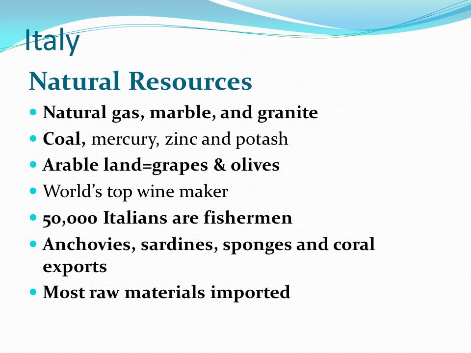 Italy Natural Resources Natural gas, marble, and granite