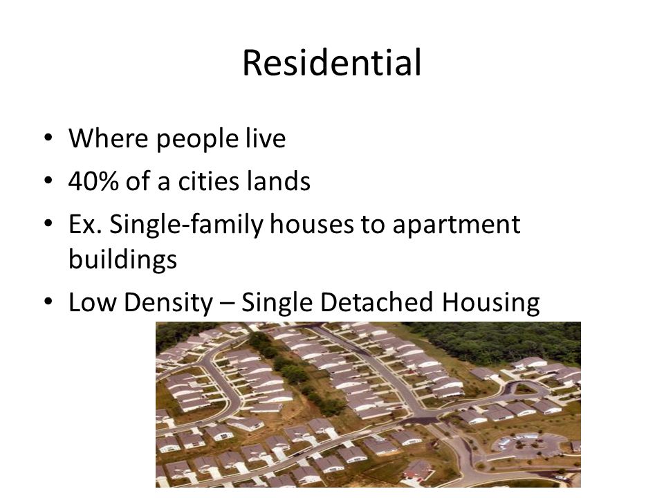 Residential Where people live 40% of a cities lands