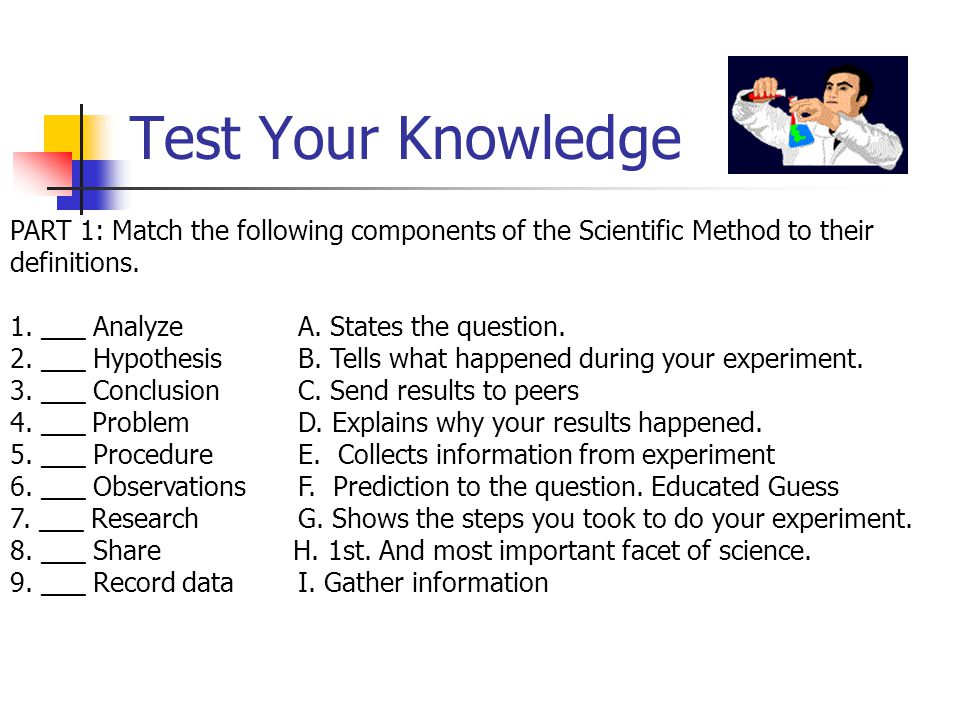 Test Your Knowledge PART 1: Match the following components of the Scientific Method to their. definitions.