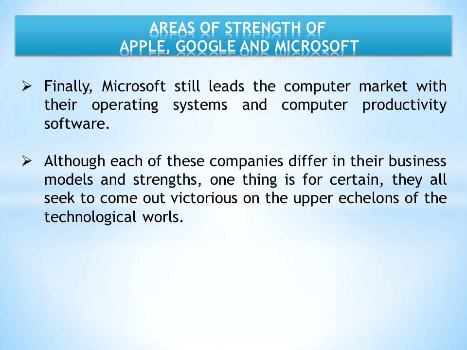 AREAS OF STRENGTH OF APPLE, GOOGLE AND MICROSOFT