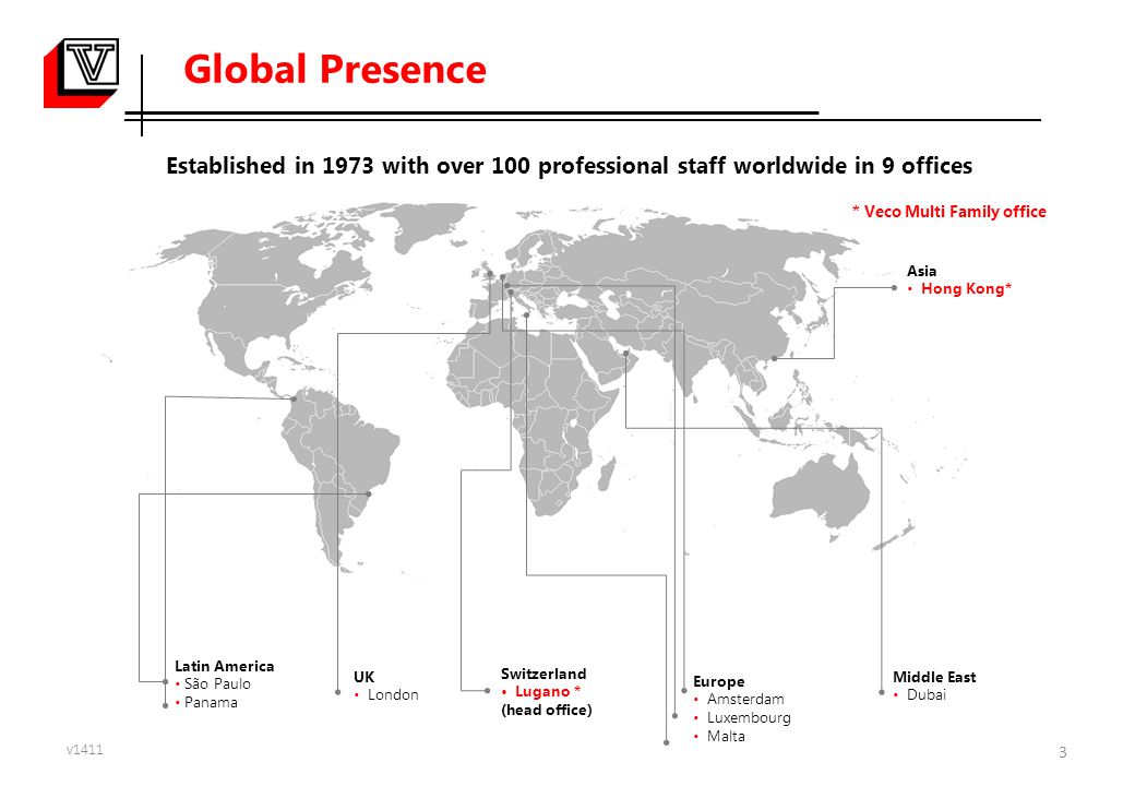 Global Presence Established in 1973 with over 100 professional staff worldwide in 9 offices. * Veco Multi Family office.