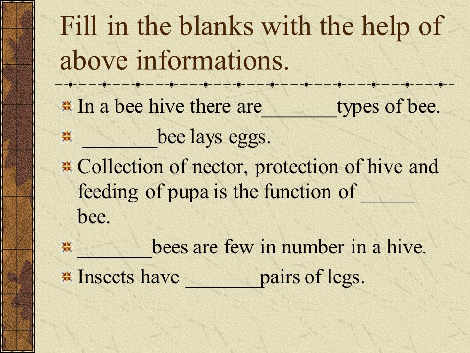 Fill in the blanks with the help of above informations.
