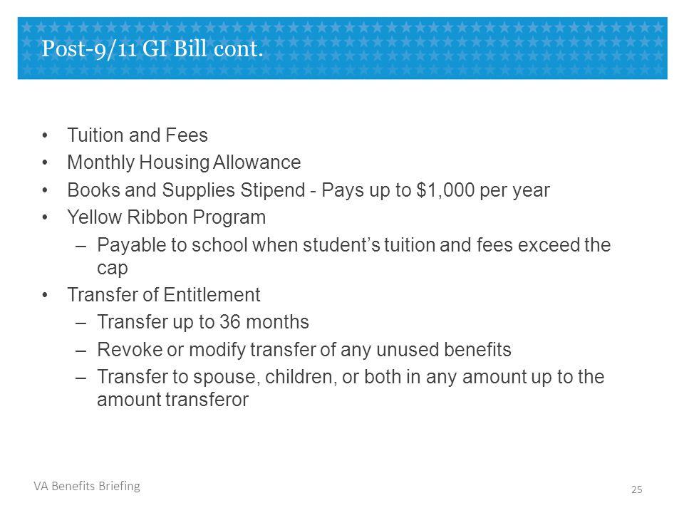 Post-9/11 GI Bill cont. Tuition and Fees Monthly Housing Allowance