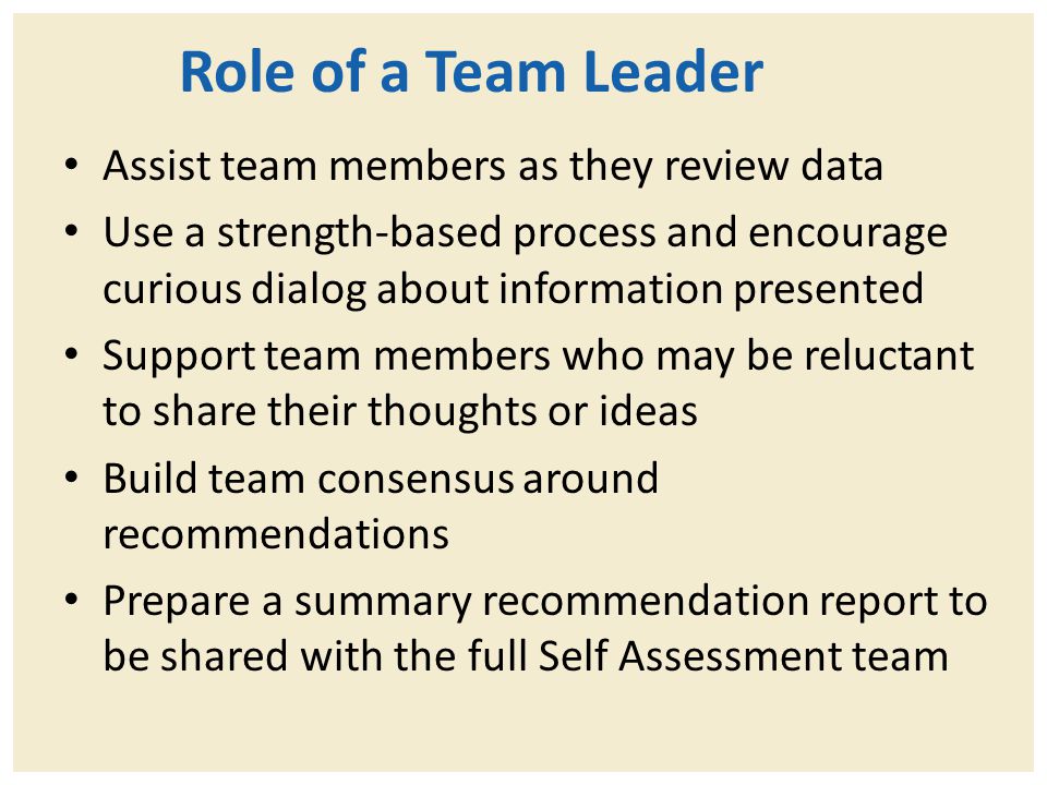 Role of a Team Leader Assist team members as they review data