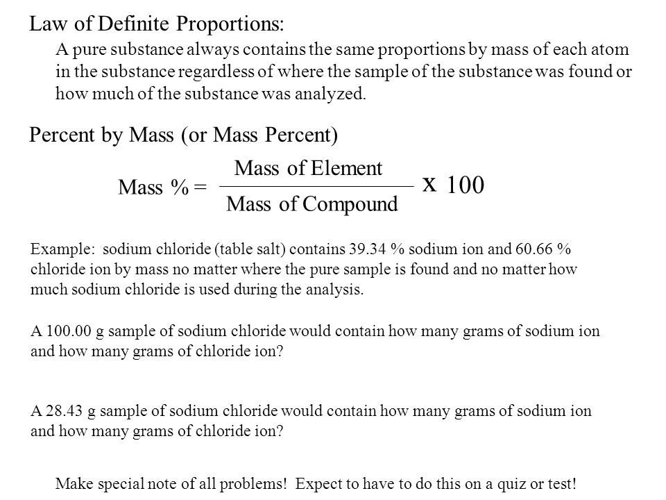 x 100 Law of Definite Proportions: Percent by Mass (or Mass Percent)