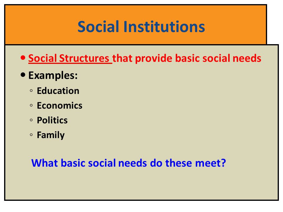 Social Institutions Social Structures that provide basic social needs