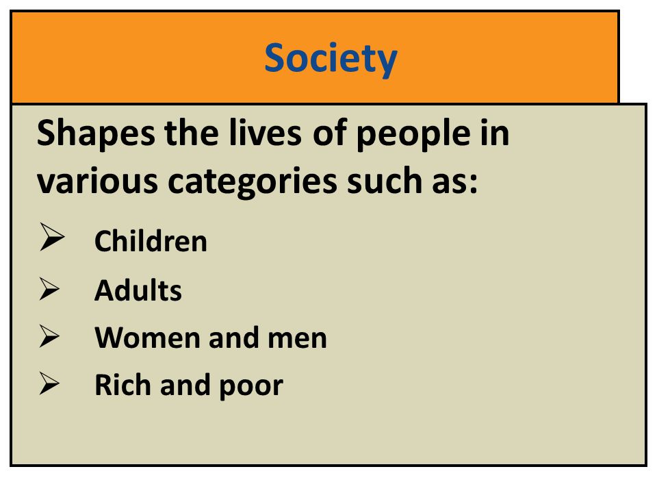 Society Shapes the lives of people in various categories such as: