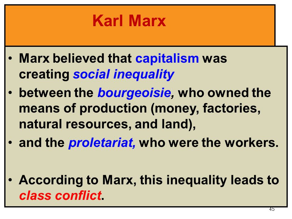 Karl Marx Marx believed that capitalism was creating social inequality