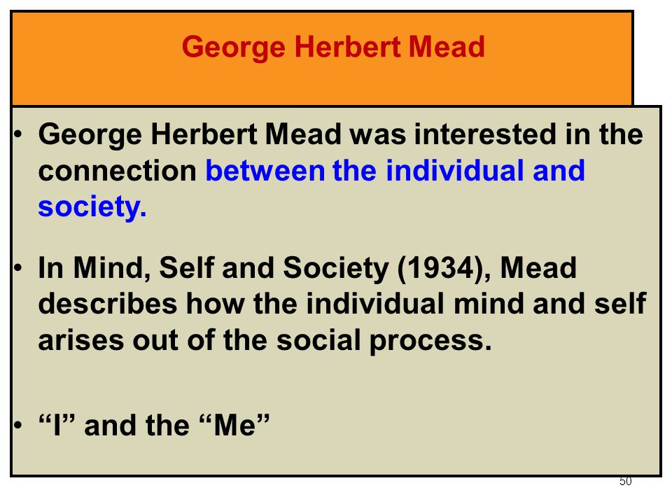 George Herbert Mead George Herbert Mead was interested in the connection between the individual and society.