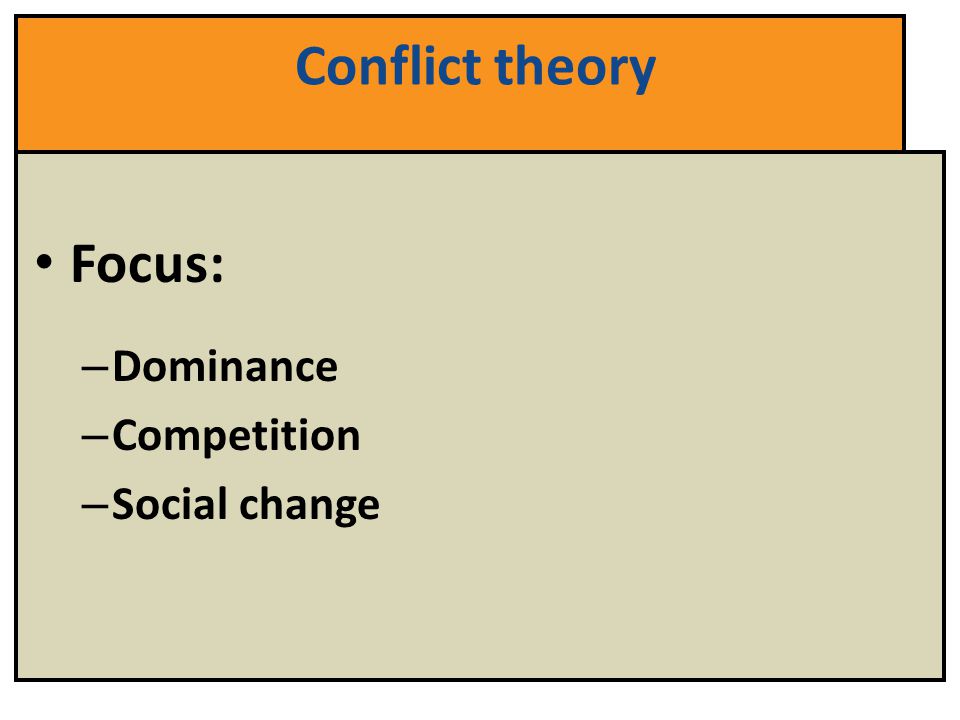 Conflict theory Focus: Dominance Competition Social change