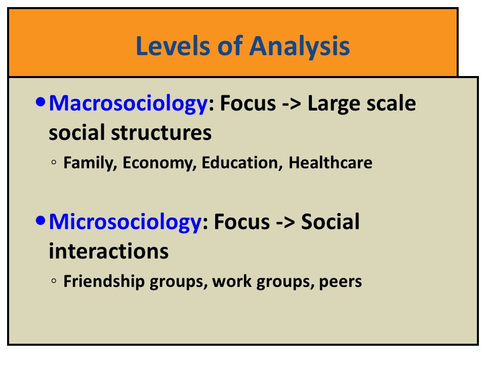 Levels of Analysis Macrosociology: Focus -> Large scale social structures. Family, Economy, Education, Healthcare.