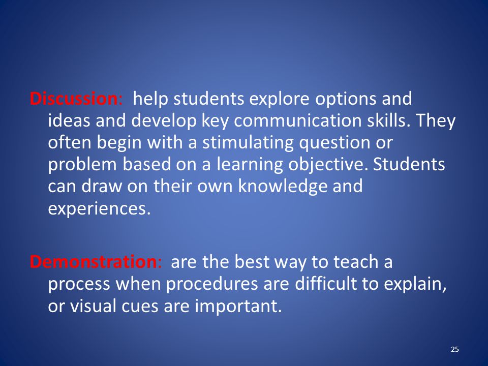 Discussion: help students explore options and ideas and develop key communication skills.