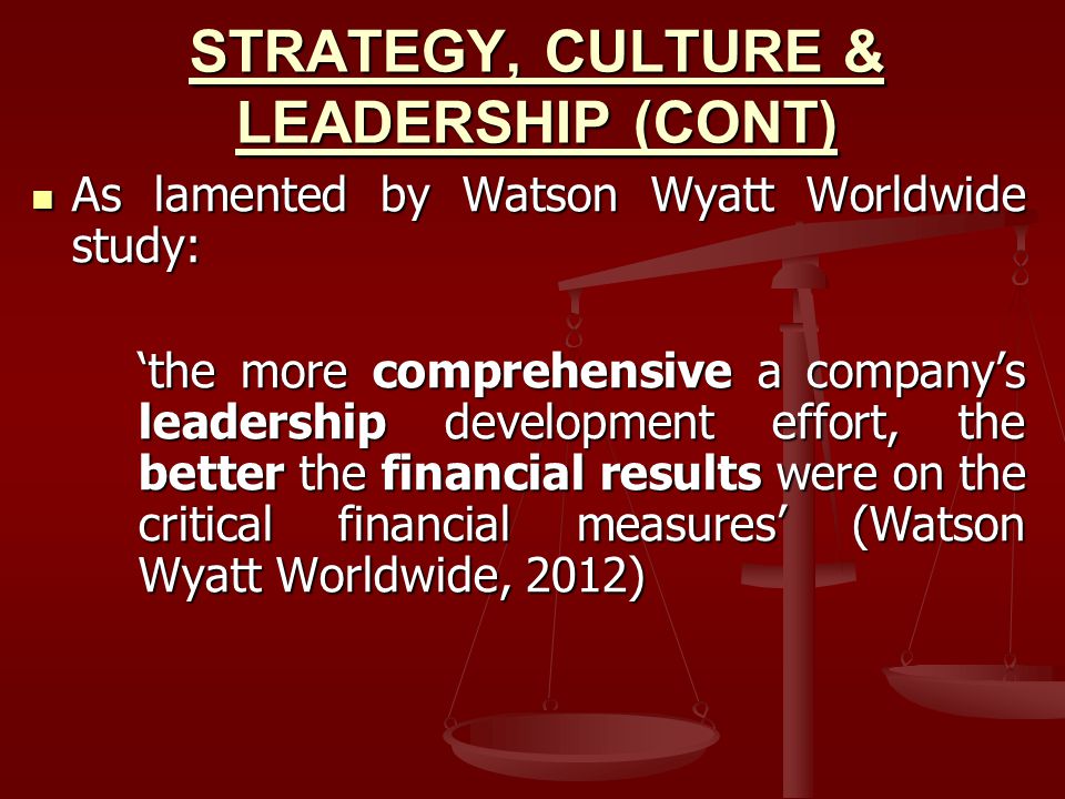 STRATEGY, CULTURE & LEADERSHIP (CONT)