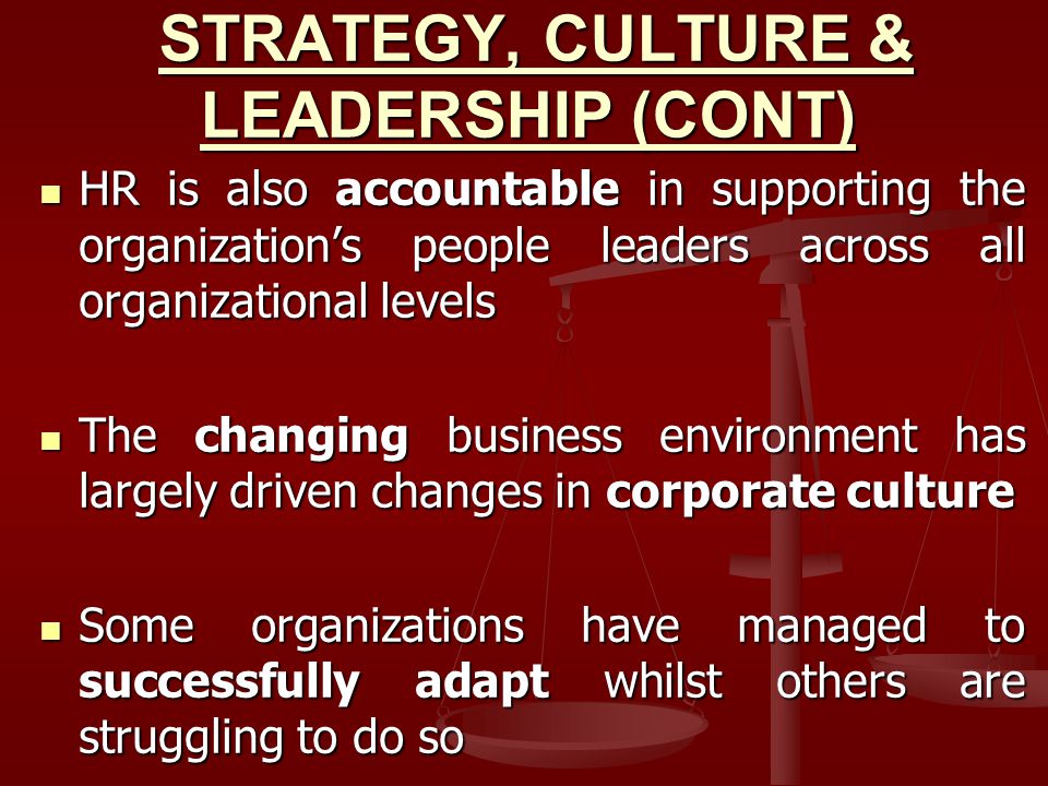 STRATEGY, CULTURE & LEADERSHIP (CONT)