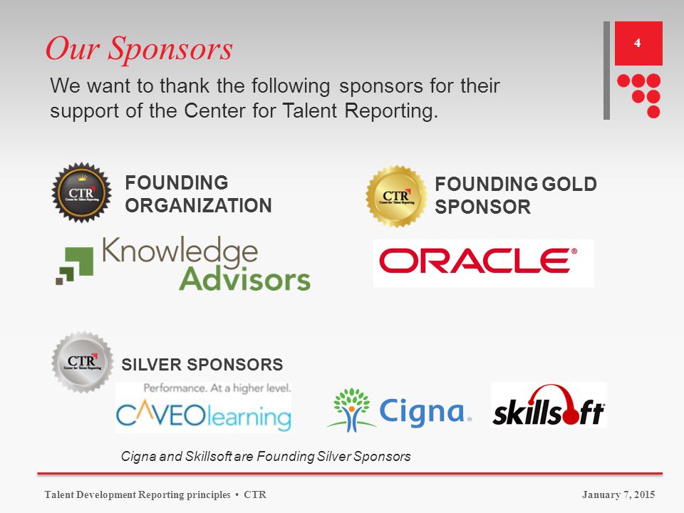 Our Sponsors We want to thank the following sponsors for their support of the Center for Talent Reporting.