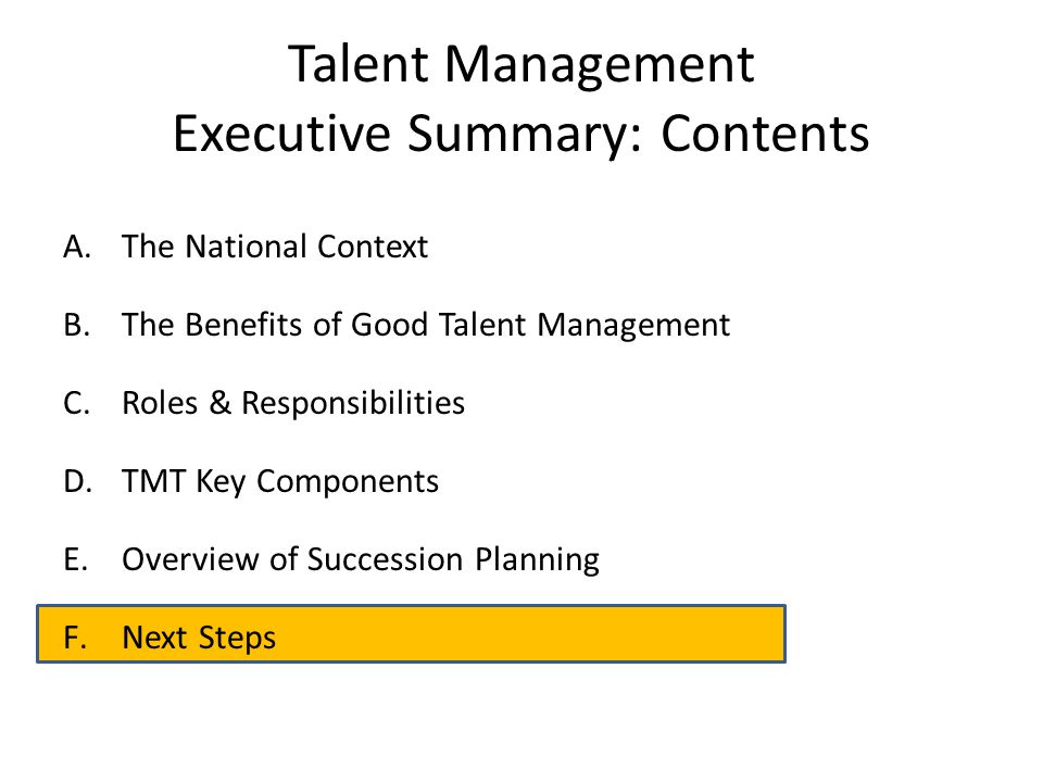 Talent Management Executive Summary: Contents