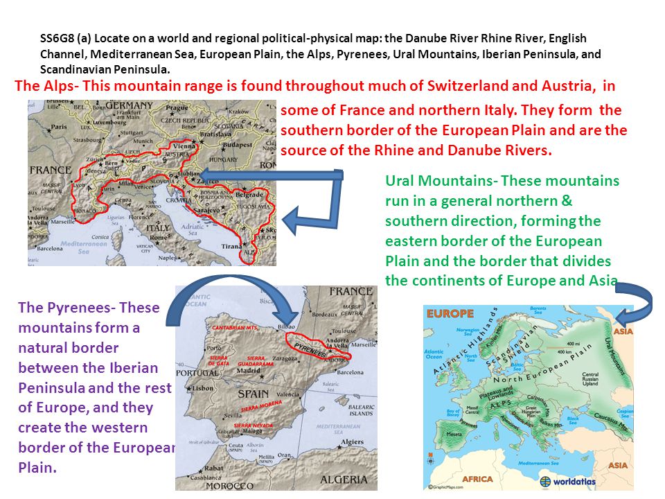 SS6G8 (a) Locate on a world and regional political-physical map: the Danube River Rhine River, English Channel, Mediterranean Sea, European Plain, the Alps, Pyrenees, Ural Mountains, Iberian Peninsula, and Scandinavian Peninsula.