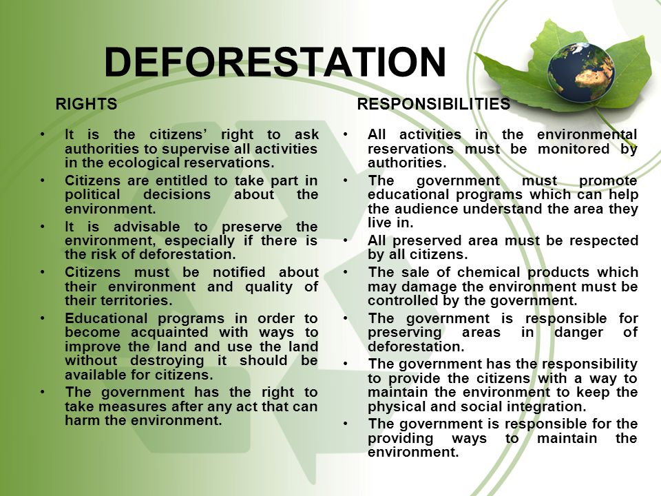 DEFORESTATION RIGHTS. It is the citizens’ right to ask authorities to supervise all activities in the ecological reservations.